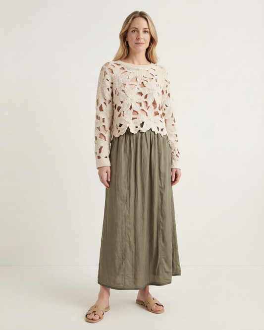 Falda midi fluida verde oliva