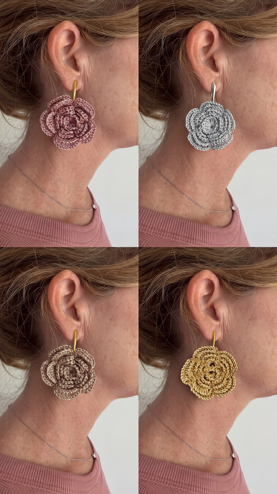 Pendientes Flor Metalizada en Rosa, Plata, Champagne y Oro puestos en modelo