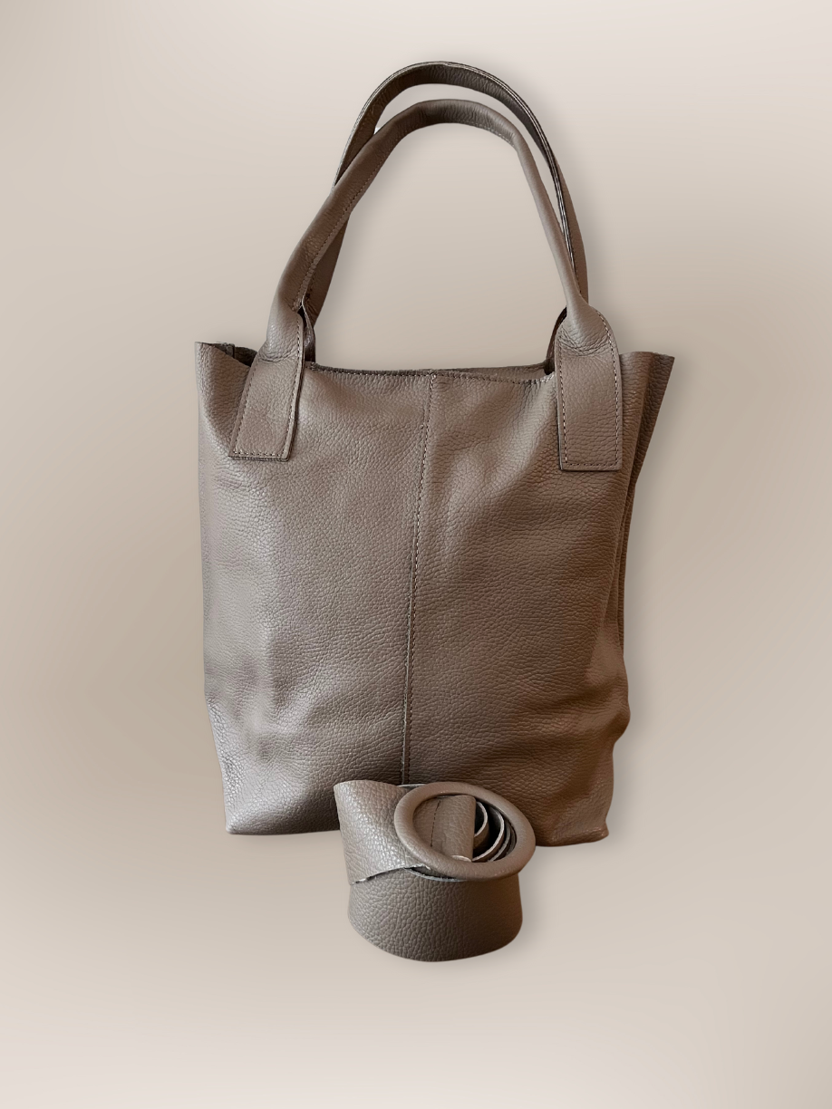 Bolso y cinturón de piel soft color taupé