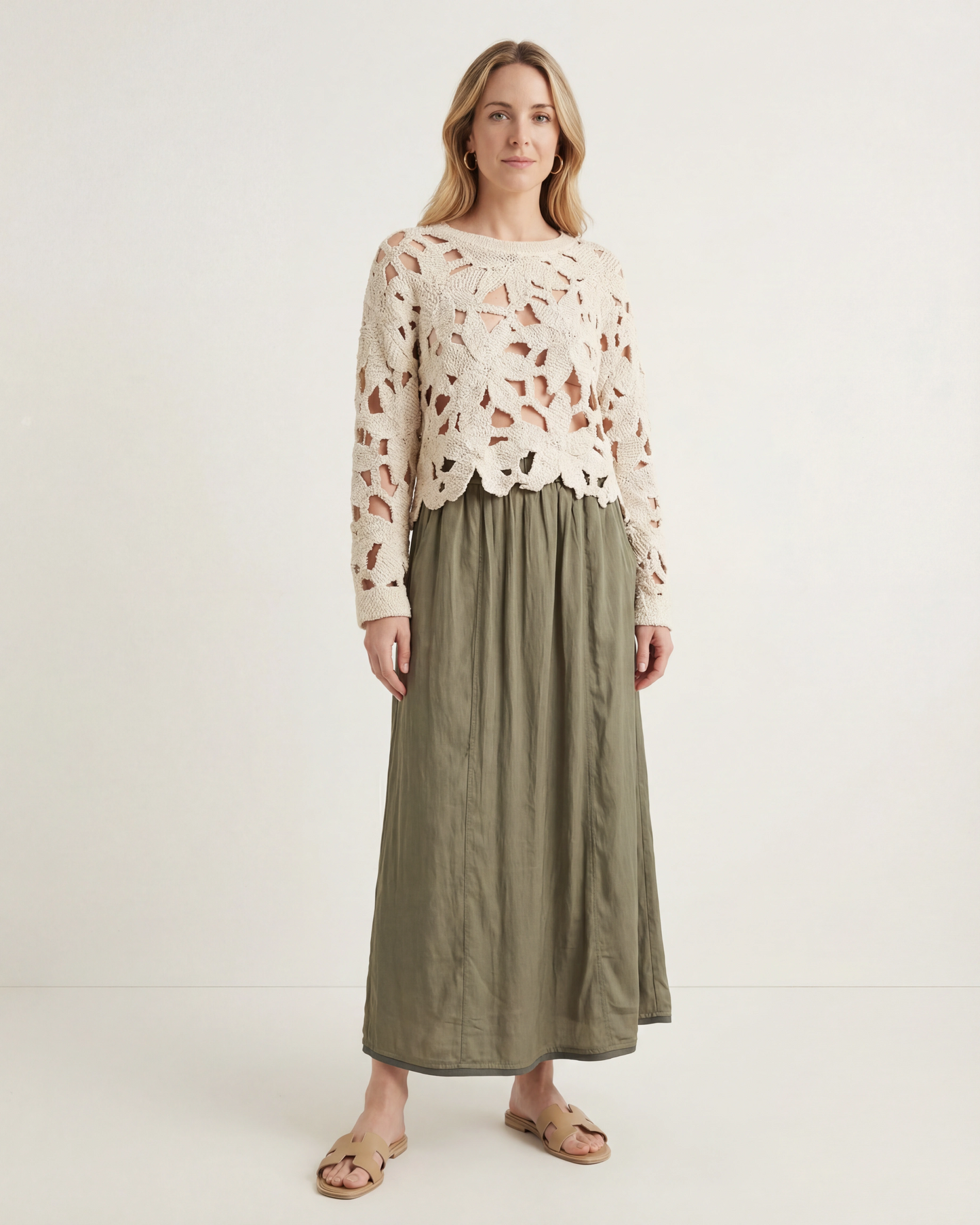 Falda midi fluida verde oliva