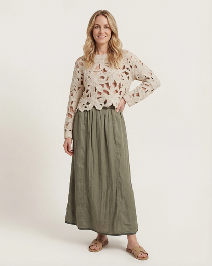 Falda midi fluida verde oliva
