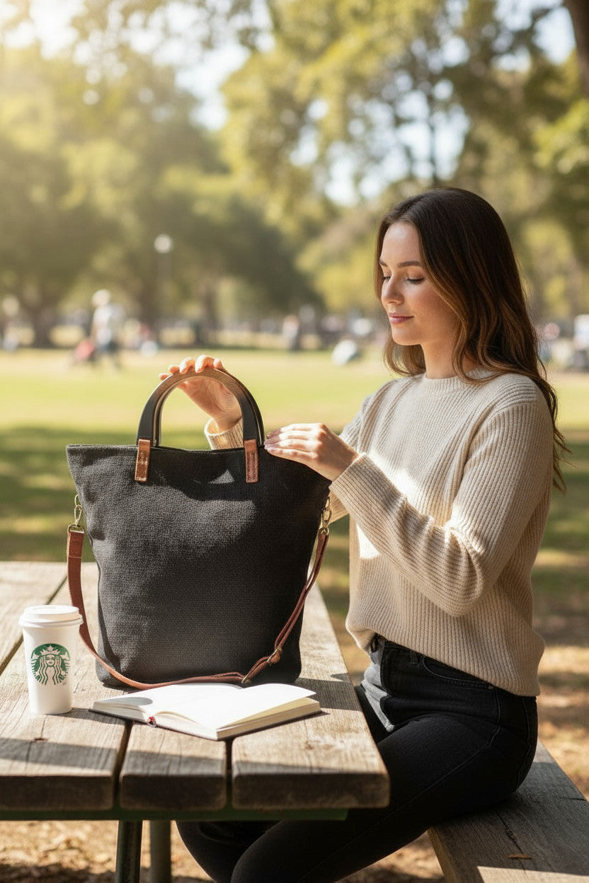 Tote Bag yute color negro asas madera