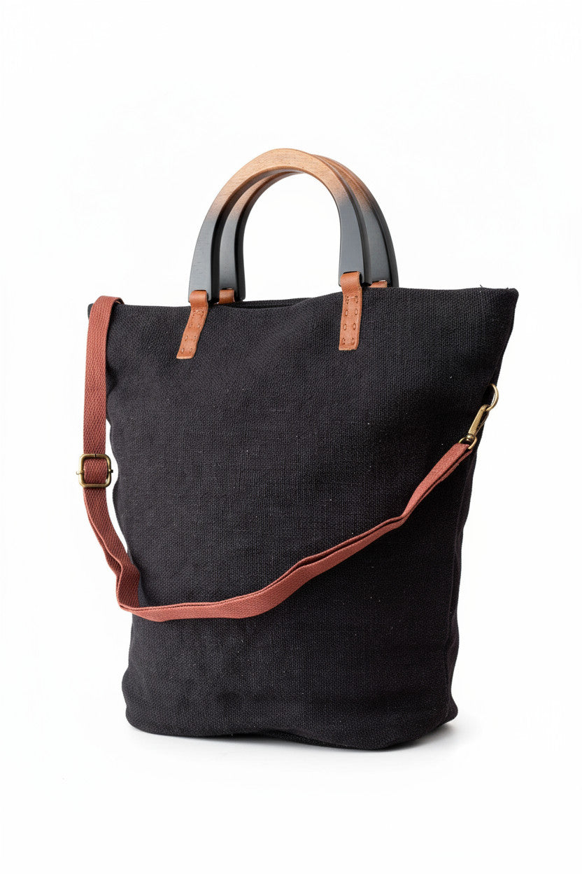 Tote Bag yute color negro asas madera