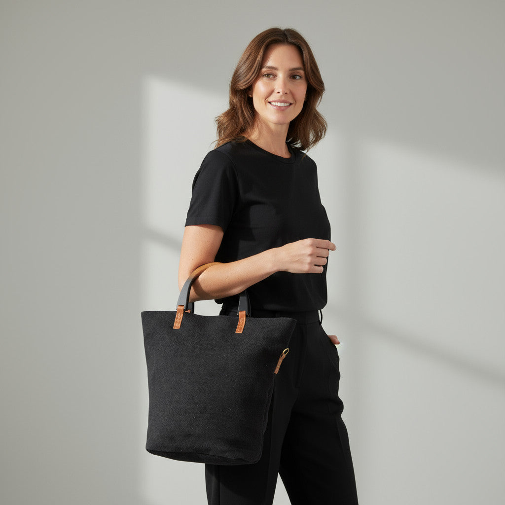 Tote Bag yute color negro asas madera